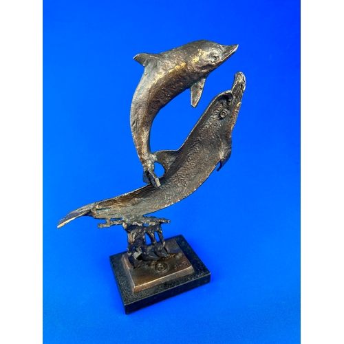 251 - Bronze Style Dolphin Sculpture Signed Jin. P. on Marble Base