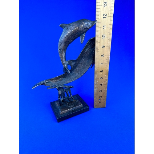 251 - Bronze Style Dolphin Sculpture Signed Jin. P. on Marble Base