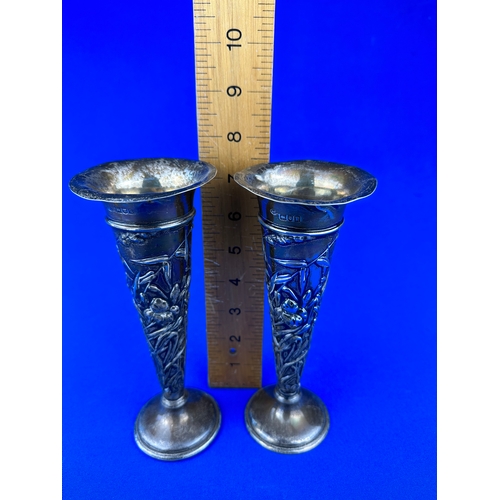 14 - Pair of Art Nouveau Hallmarked Silver, Repousse Fluted Vases. London 1901. 19cm Tall.