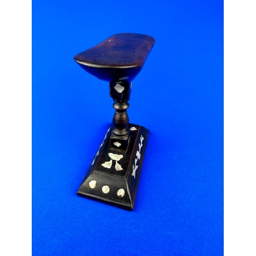 253 - 19th Century, Quing Dynasty Chinese Wood Head Rest with Mother of Pearl Inlay. Nice Wear & Patina to... 