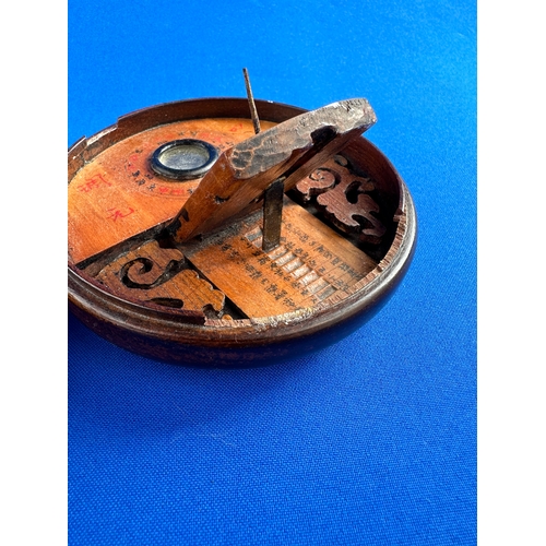 254 - Chinese Quing Dynasty Exotic Wood Pocket Compass & Sundial. a/f