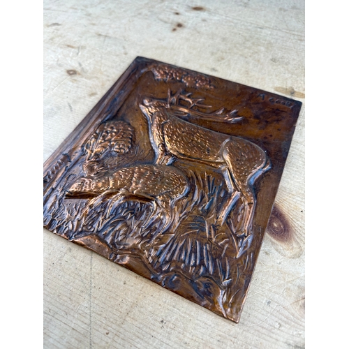 275 - Copper Relief Depicting Stags, Signed M.Cook