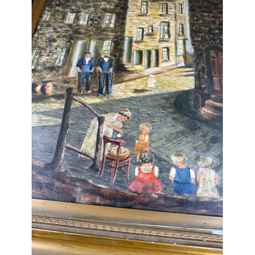 361 - Old Oil on Canvas, a Street Scene with Sailors