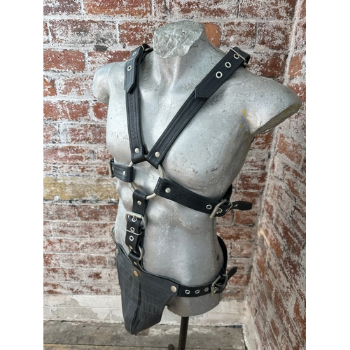 192A - Interesting Cast Aluminium Artistic Mannequin on Stand Wearing Quality Leather Bondage Attire Featur... 