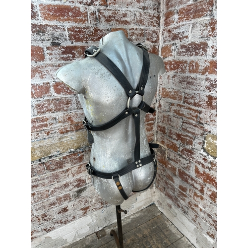 192A - Interesting Cast Aluminium Artistic Mannequin on Stand Wearing Quality Leather Bondage Attire Featur... 