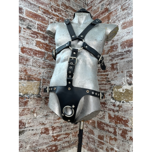 192A - Interesting Cast Aluminium Artistic Mannequin on Stand Wearing Quality Leather Bondage Attire Featur... 