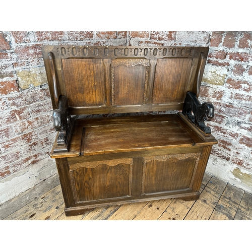 401 - Fold Down Monks Bench With Carved Detail and Underseat Storage