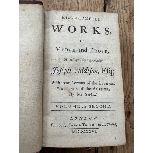 336 - 1726 Works in Verse & Prose Joseph Addison esq. Three Volumes & Two Otrhers.