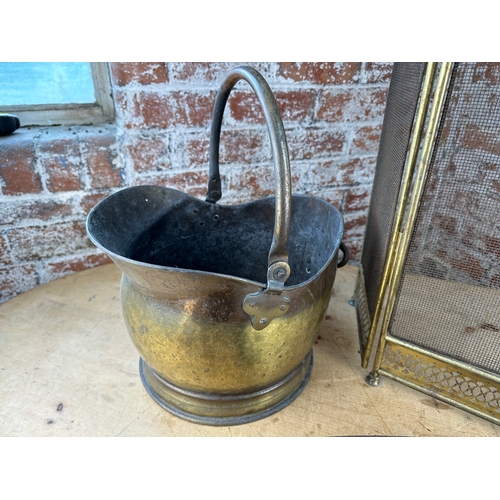 132 - Brass Fire Screen, Coal Bucket & Fire Fret