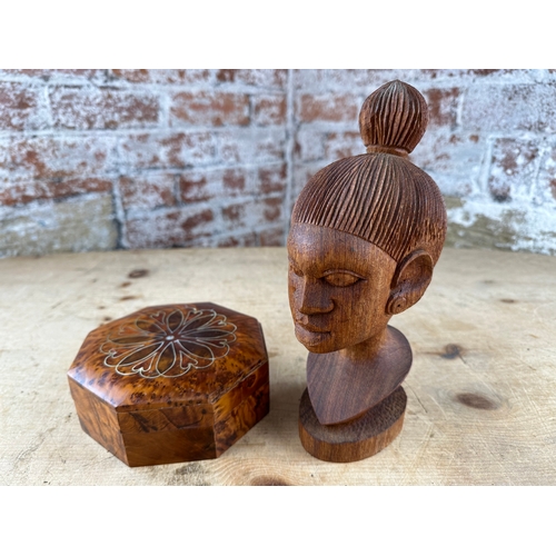 135 - Carved Wooden Head By I.A Kareem & Walnut Inlaid Trinket Box