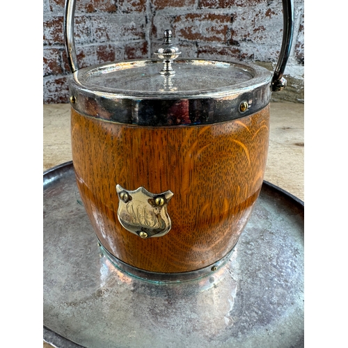 97 - Oak Ice Bucket with Ceramic Liner & Silver on Hammered Copper Tray