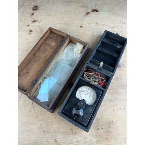 100 - Vintage Microscope Slides & Volt Meter