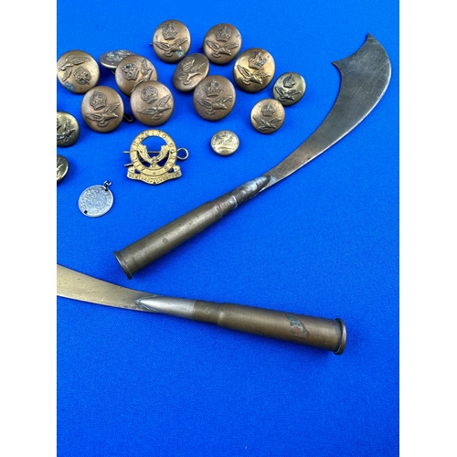 104 - Tench Art Letter Openers, Military Buttons & Air Training Corps Cap Badge.