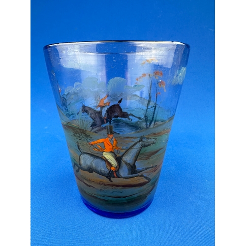 162 - Victorian Blue Glass Vase  with Handpainted Hunt Scene Decoration.
