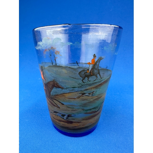 162 - Victorian Blue Glass Vase  with Handpainted Hunt Scene Decoration.