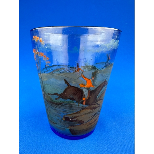 162 - Victorian Blue Glass Vase  with Handpainted Hunt Scene Decoration.