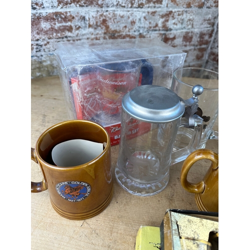 377 - Box of Collectable Glasses & Whiskey Jug with Leeds United Shot Glasses