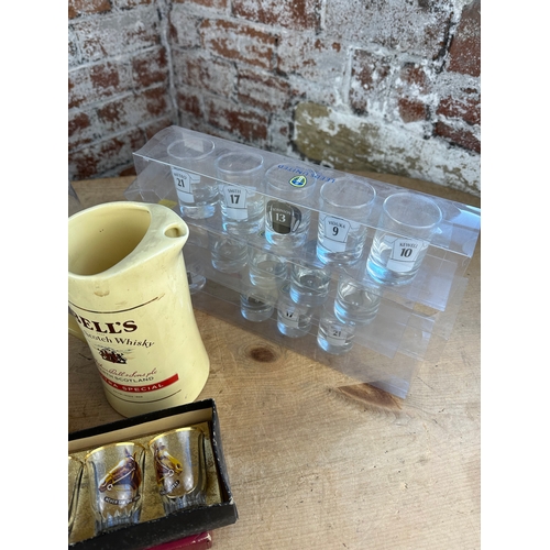 377 - Box of Collectable Glasses & Whiskey Jug with Leeds United Shot Glasses