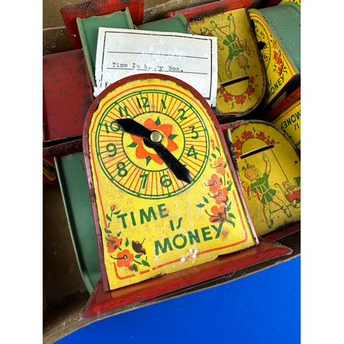 209 - Box of Time Is Money, Tinplate Money Boxes.