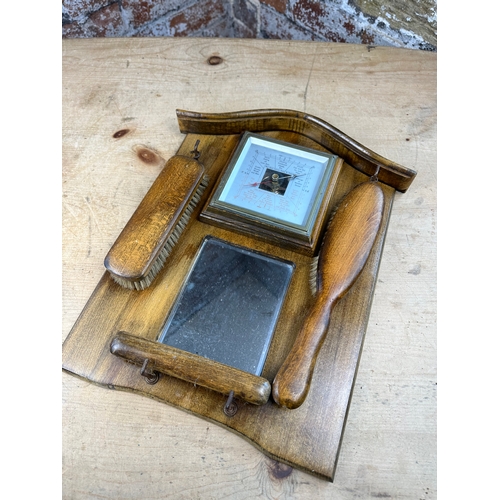 147 - Vintage Hall Mirror with Clothes Brushes & Barometer