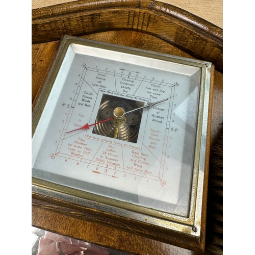 147 - Vintage Hall Mirror with Clothes Brushes & Barometer