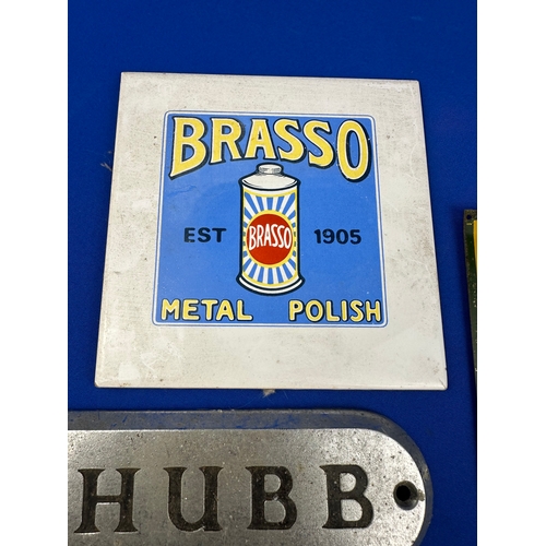 199 - Vintage Advertising Items including Brasso Tile, CHUBB Plaque& Avon Boot Polish Sign.