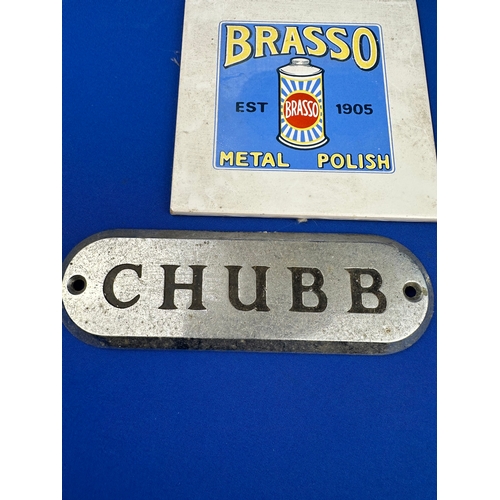 199 - Vintage Advertising Items including Brasso Tile, CHUBB Plaque& Avon Boot Polish Sign.