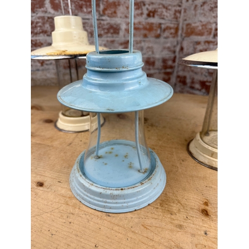 390 - Three Candle Lanterns - Two Vintage Enamel & Chrome.