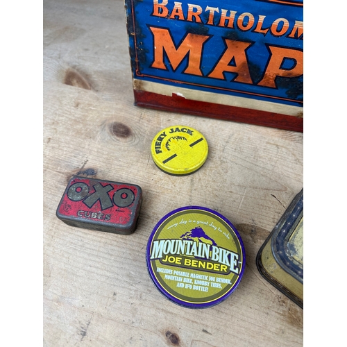 172 - Vintage Advertising Tins including Bartholomew's Maps Shop Display