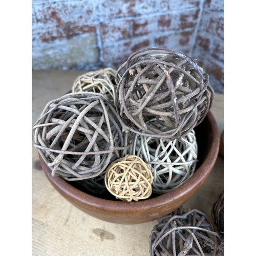 179 - Wooden Bowl & Collapsible Wooden Basket by Steven R. Gray with collection of Willow Balls