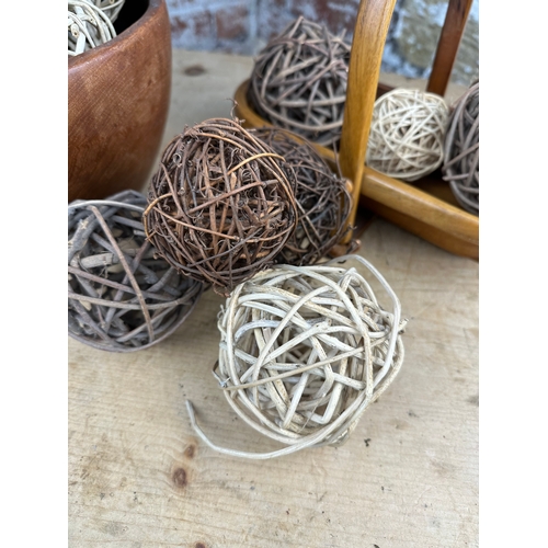 179 - Wooden Bowl & Collapsible Wooden Basket by Steven R. Gray with collection of Willow Balls