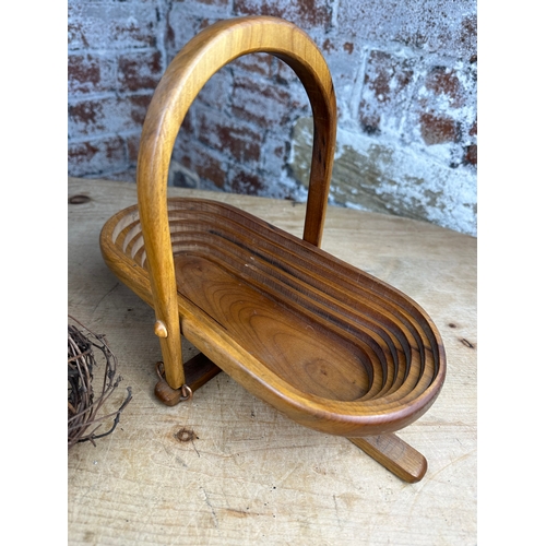 179 - Wooden Bowl & Collapsible Wooden Basket by Steven R. Gray with collection of Willow Balls