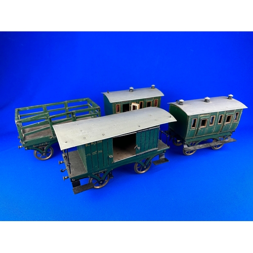 77 - Four Piece Victorian Wood & Tinplate Model Train Carriages & Trucks, Fantastic Details.