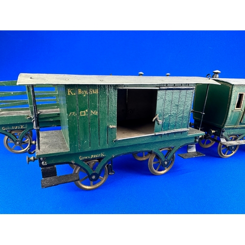 77 - Four Piece Victorian Wood & Tinplate Model Train Carriages & Trucks, Fantastic Details.