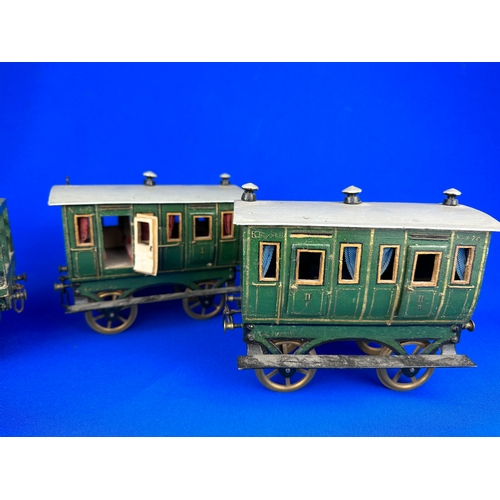 77 - Four Piece Victorian Wood & Tinplate Model Train Carriages & Trucks, Fantastic Details.