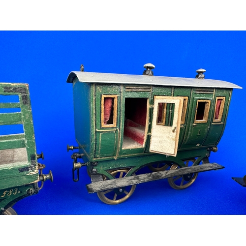 77 - Four Piece Victorian Wood & Tinplate Model Train Carriages & Trucks, Fantastic Details.