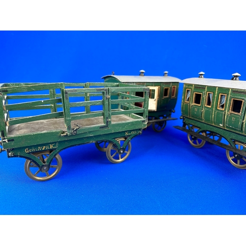 77 - Four Piece Victorian Wood & Tinplate Model Train Carriages & Trucks, Fantastic Details.