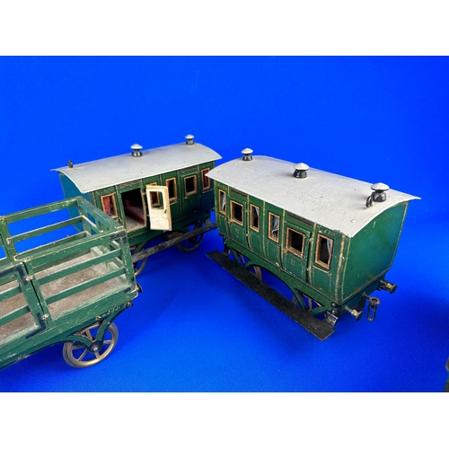 77 - Four Piece Victorian Wood & Tinplate Model Train Carriages & Trucks, Fantastic Details.