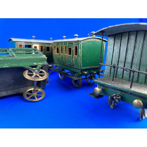 77 - Four Piece Victorian Wood & Tinplate Model Train Carriages & Trucks, Fantastic Details.