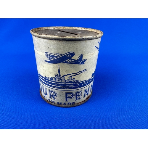 106 - Save Your Pennies, Metal Money Box Depicting Planes & Tanks