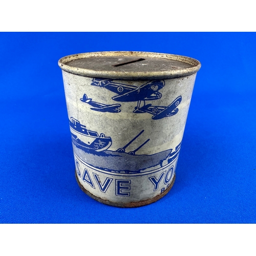 106 - Save Your Pennies, Metal Money Box Depicting Planes & Tanks