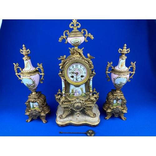 45 - Gilt & Painted Porcelain Mantle Clock & Garnature - Good Example.