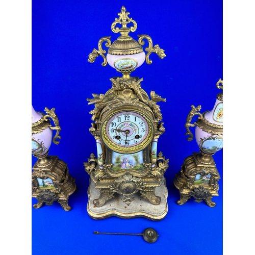 45 - Gilt & Painted Porcelain Mantle Clock & Garnature - Good Example.