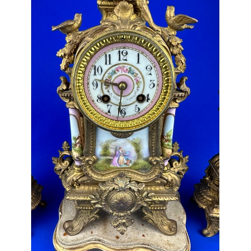 45 - Gilt & Painted Porcelain Mantle Clock & Garnature - Good Example.