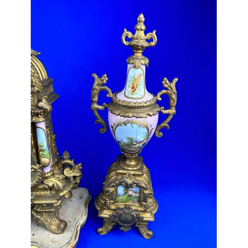 45 - Gilt & Painted Porcelain Mantle Clock & Garnature - Good Example.