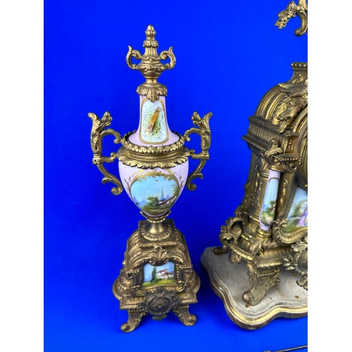 45 - Gilt & Painted Porcelain Mantle Clock & Garnature - Good Example.