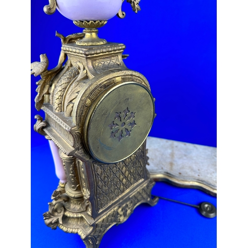 45 - Gilt & Painted Porcelain Mantle Clock & Garnature - Good Example.