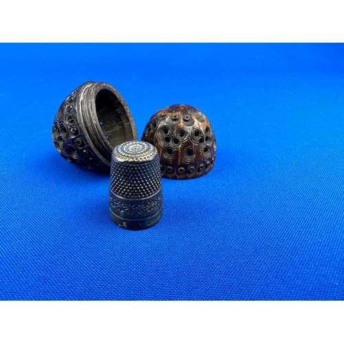 112 - Victorian Carved Coquilla Nut with Hallmarked Silver Thimble