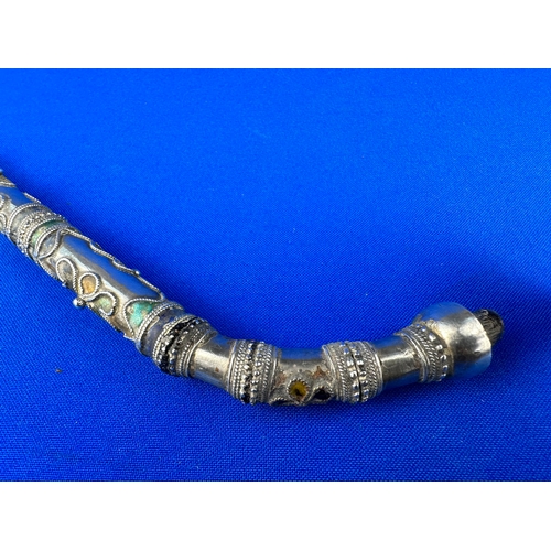 26 - Ornate Burmese Coin Silver Opium Pipe with Enamel Style Decoration