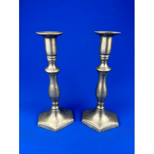 142 - Pair of 19th Century Pewter Betrothal Candlesticks